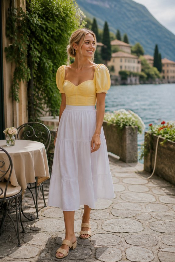 Stylish woman in a yellow puff-sleeve top and white midi skirt on a lakeside terrace with mountains in the background.