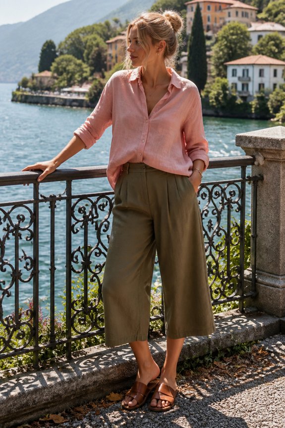Woman wearing pink blouse and olive wide-leg pants stands by a decorative railing on a lakefront, Italian village backdrop.