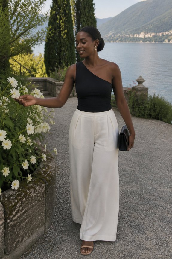 Woman in a black one-shoulder top and white wide-leg pants walks along a lakeside garden path with white flowers.