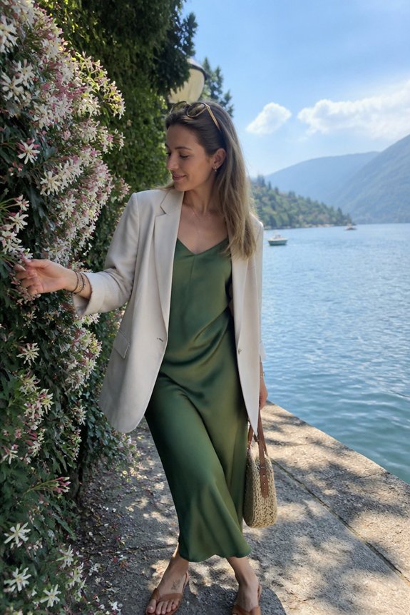 Stylish woman by a lake in a green dress and beige blazer, beside a flowering wall with mountains in background.
