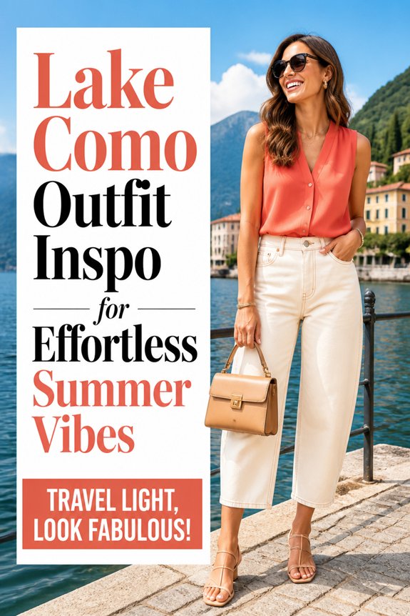 Woman posing by Lake Como in coral sleeveless top and white pants with tan handbag and sunglasses.