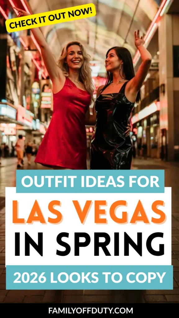 Two smiling women in stylish dresses pose under colorful lights, showcasing outfit ideas for Las Vegas spring 2026.