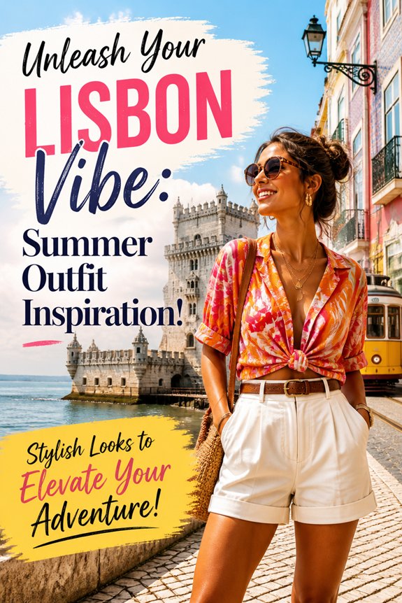 Woman in a bright tied blouse and white shorts on a sunny Lisbon street with a tram, promoting summer outfit inspiration.