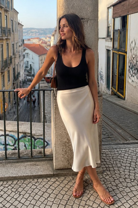 City street fashion: stylish woman in a black tank top and white midi skirt posing on a balcony railing.