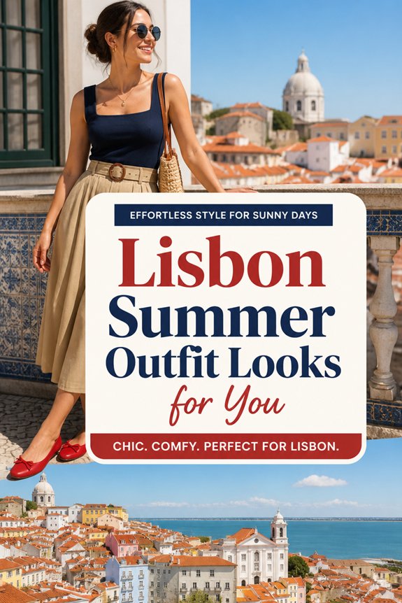 Stylish woman in navy top and beige skirt with red flats on a Lisbon rooftop; summer outfit looks banner.