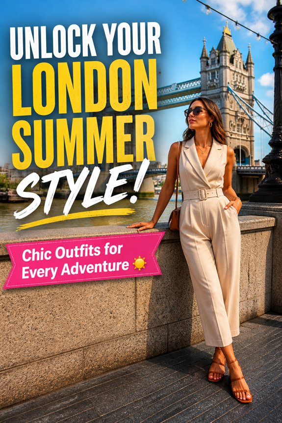 Stylish woman in a beige jumpsuit posing by Tower Bridge in London, showcasing chic summer fashion.