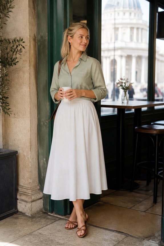 Stylish woman in sage blouse and white midi skirt holds coffee at a cafe doorway, St. Paul’s dome visible in the background.