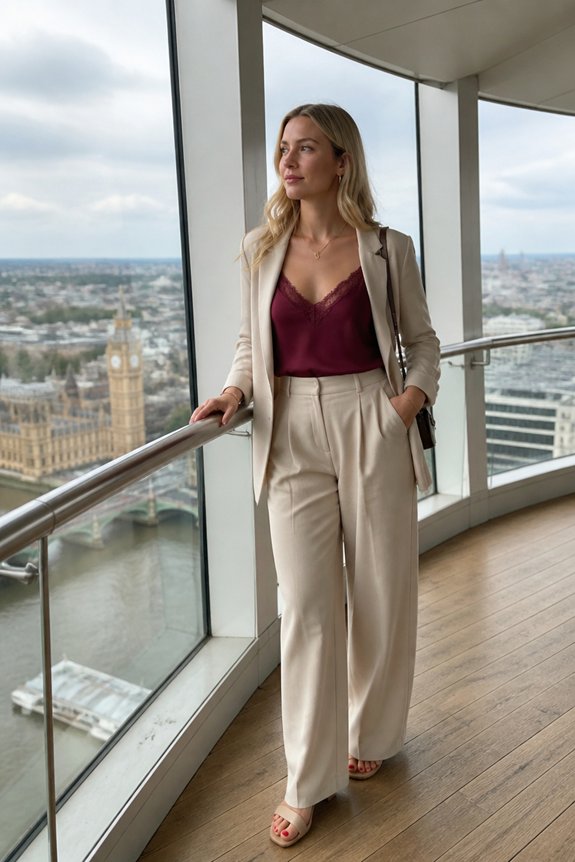Stylish woman in beige suit and burgundy top on a glass balcony overlooking London skyline with the Big Ben in distance.
