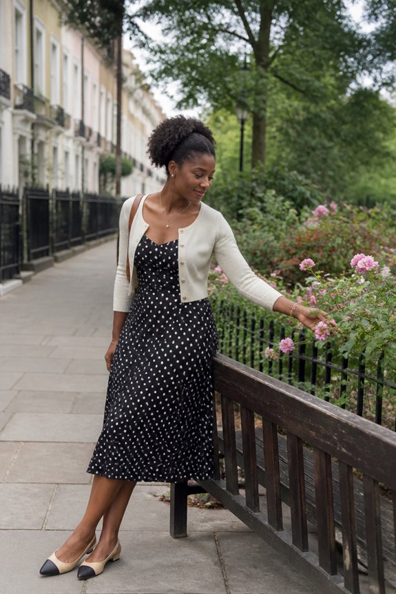 Woman in a black polka-dot dress and cream cardigan stands on a city sidewalk, admiring pink flowers along a railing.