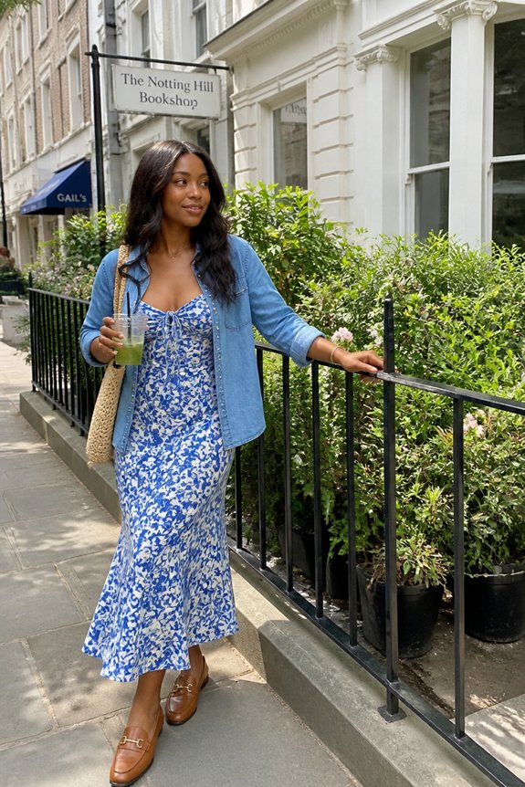 Woman in blue floral dress and denim jacket walks past the Notting Hill Bookshop with a tote bag and green smoothie.