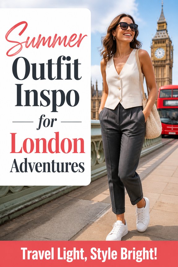 Stylish woman near Big Ben in London; red double-decker bus behind, summer outfit inspo.