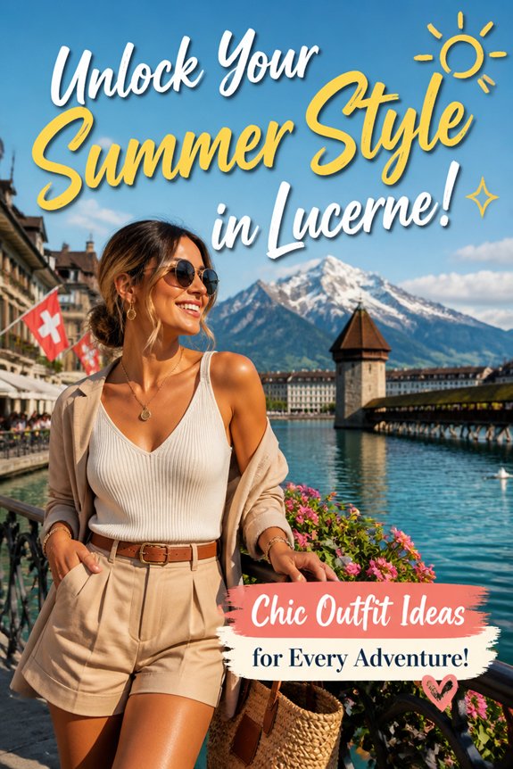 Fashionable woman in beige summer outfit by Lake Lucerne with the Alps; chic travel outfit ideas.