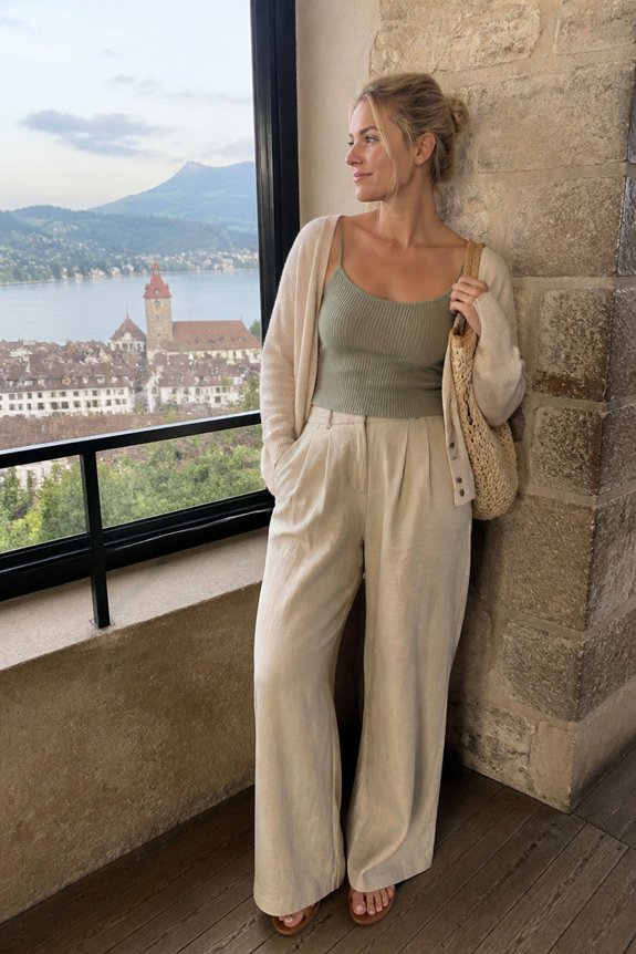 Stylish woman in beige cardigan, sage-green tank and cream wide-leg pants on a balcony overlooking a lake and mountains.