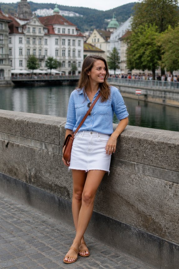 Smiling woman in a denim shirt and white mini skirt with a brown crossbody bag by a canal in a European city.