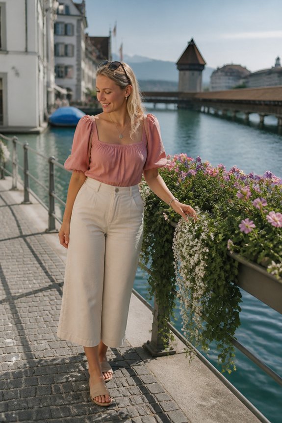 Woman in pink puff-sleeve top and cream wide-leg pants stands by a flower-filled railing along a canal.