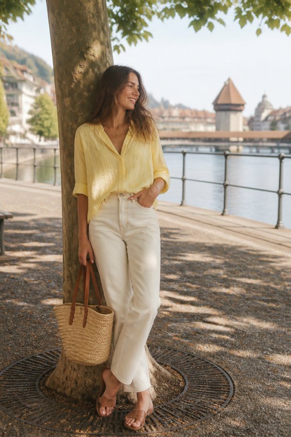 Woman in yellow blouse and white jeans stands by a tree on a riverside promenade with a straw tote bag.