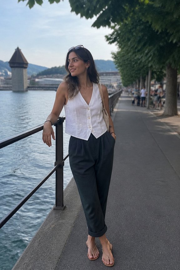 Stylish woman in white sleeveless blouse and wide-leg black pants, leaning on railing by a river promenade.