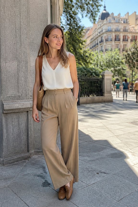 Stylish woman in white sleeveless top and beige wide-leg trousers with brown loafers, strolling a sunny city street.