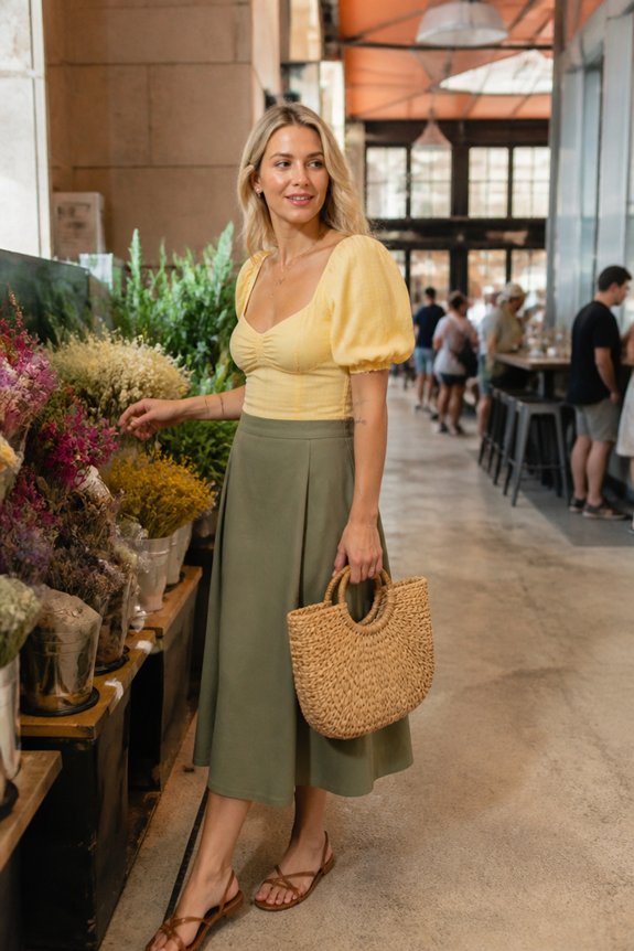Woman in yellow puff-sleeve top and olive-green midi skirt browsing flowers at a market, carrying a woven straw bag.