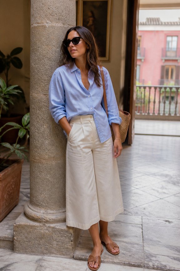 Fashionable woman in light blue shirt and cream wide-leg culottes by a stone column in a sunny courtyard.