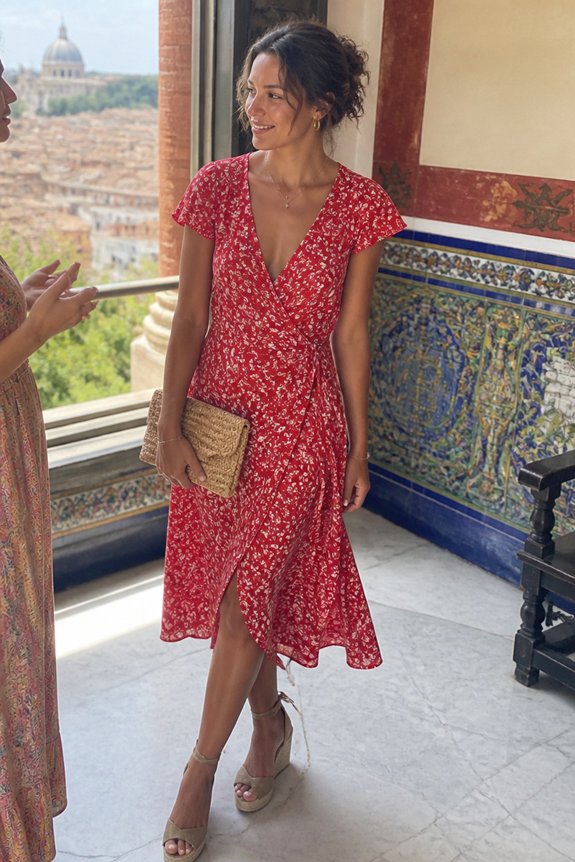 Woman in a red floral wrap dress with beige clutch and espadrille wedges on a tiled balcony overlooking a city.