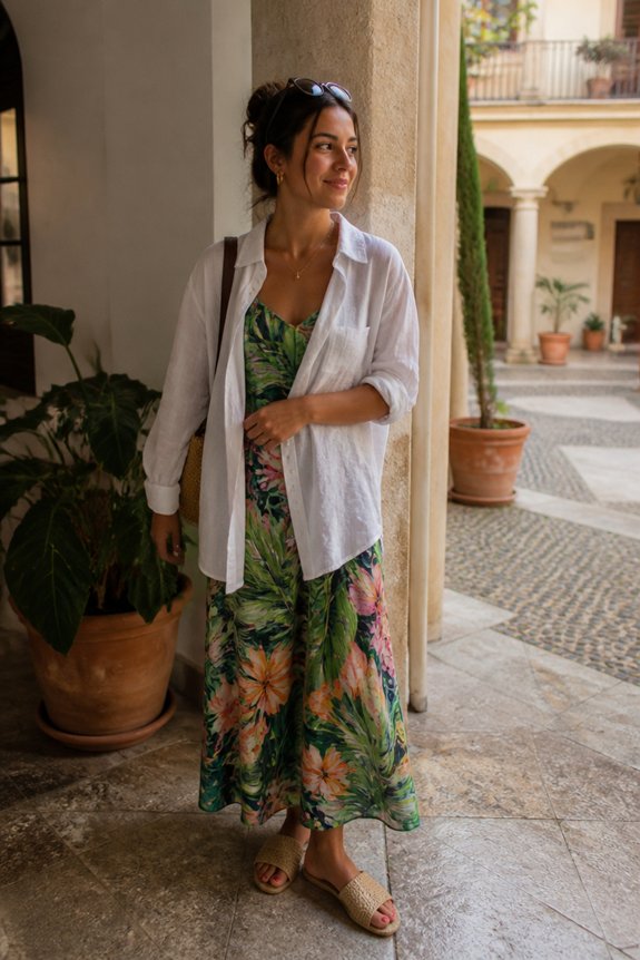 Woman in tropical floral dress with white shirt, sandals, sunglasses on head, standing in a courtyard with arches.