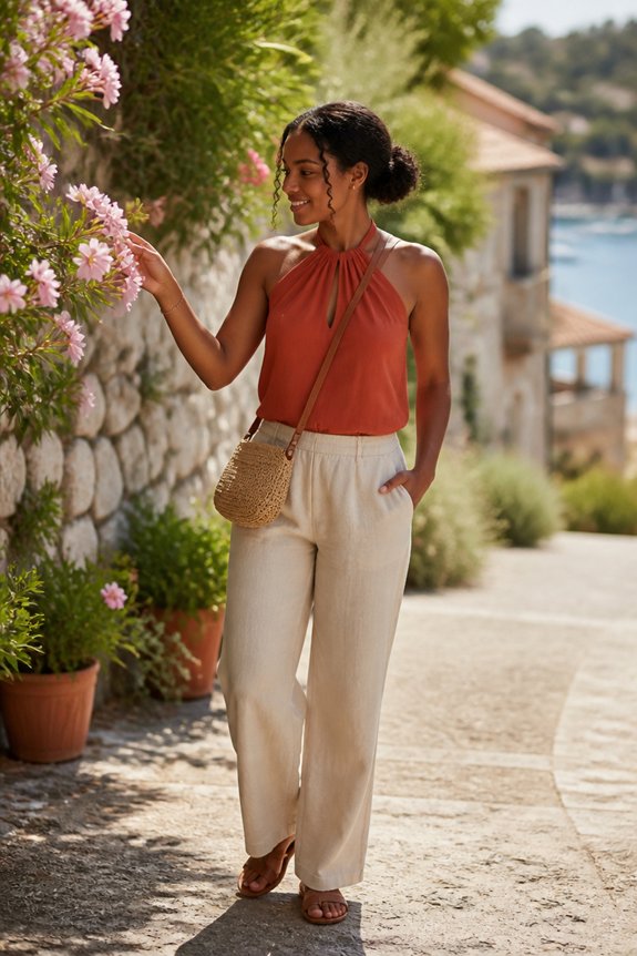 Woman in coral halter top and beige wide-leg pants walks along a coastal path with a woven crossbody bag and pink flowers.