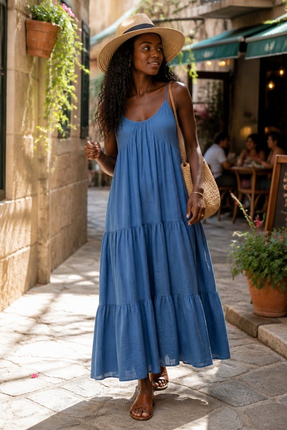 Woman wearing a blue tiered maxi dress and straw hat strolling along a sunlit cobblestone street by a cafe.