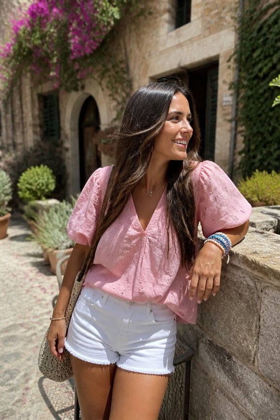 Woman in pink puff-sleeve blouse and white denim shorts leaning on a stone wall on a sunny street with bougainvillea.