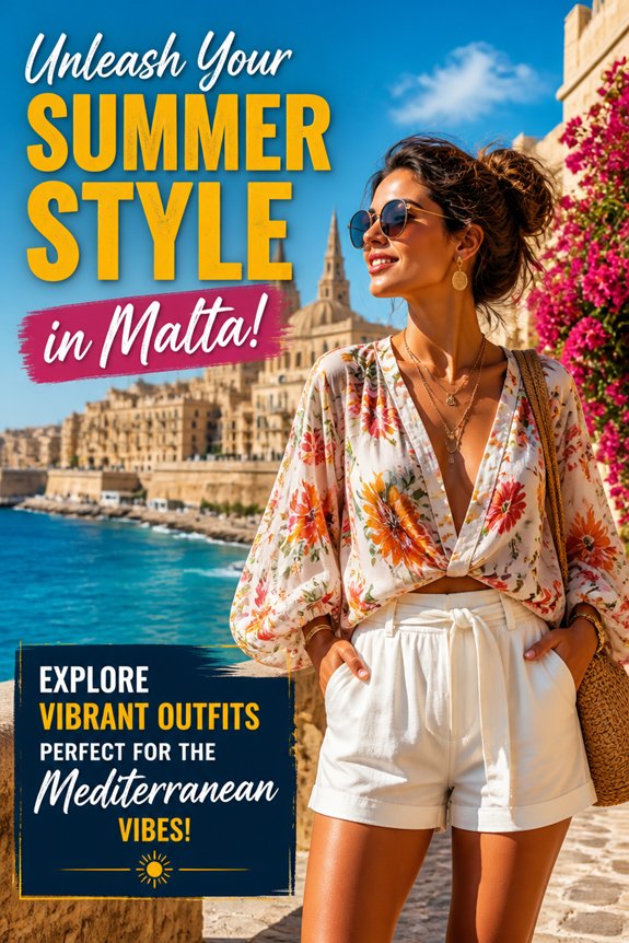Stylish woman in a floral top and white shorts along the Malta coast; Mediterranean summer fashion vibes.