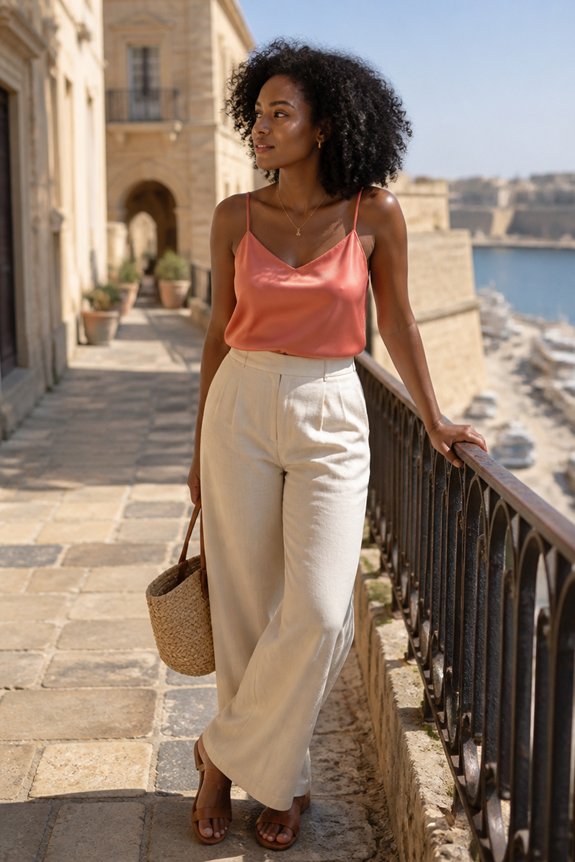 Woman in peach satin camisole and beige wide-leg pants stands on a seaside balcony with a woven bag.