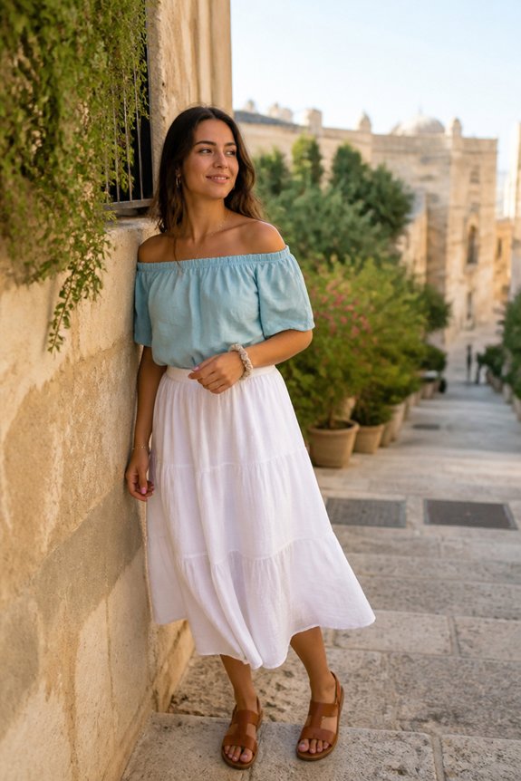 Woman in off-shoulder blue top and white midi skirt beside a stone wall on a sunny street.