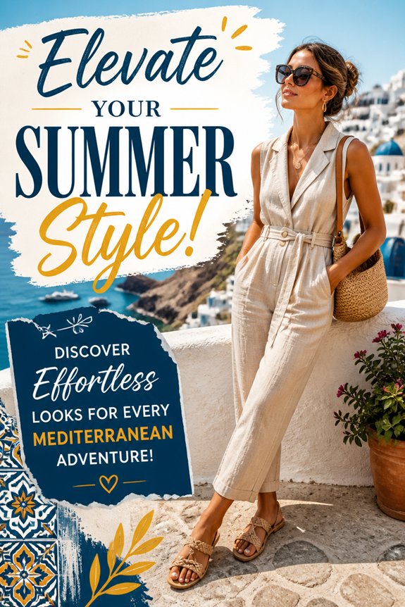 Stylish woman in a beige jumpsuit and sandals by the Mediterranean coast; fashion promo reading Elevate Your Summer Style.