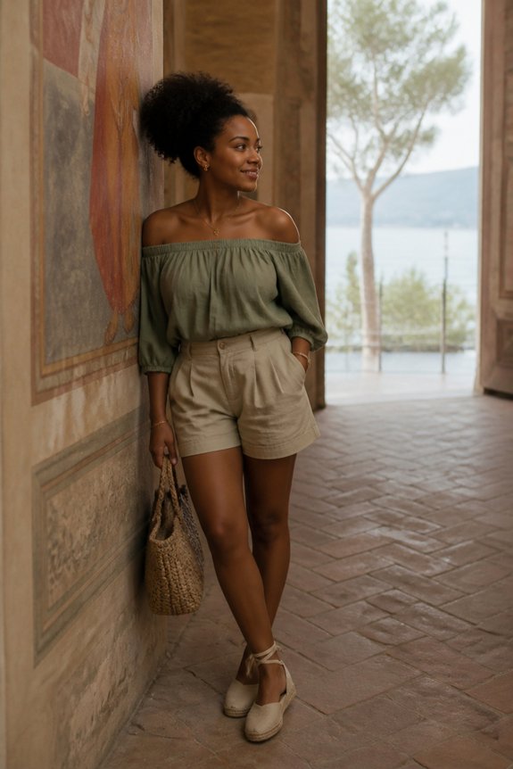 Woman in off-shoulder green top and beige shorts posing with a woven straw bag on an outdoor walkway.