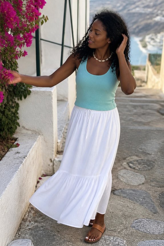 Woman in turquoise tank top and white maxi skirt, sandals, strolling along a stone path with pink bougainvillea.