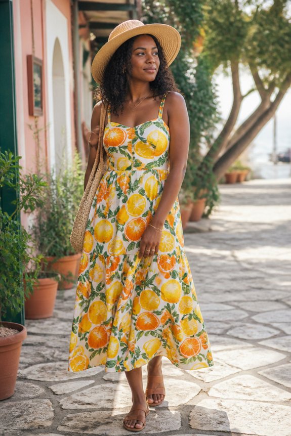 Woman wearing a lemon-print sundress and straw hat walks along a sunny stone path with potted plants.