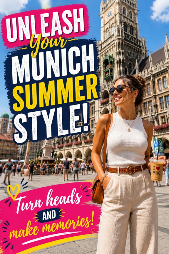 Stylish woman in white top and beige pants in sunny Munich city square; promo reads Unleash Your Munich Summer Style.