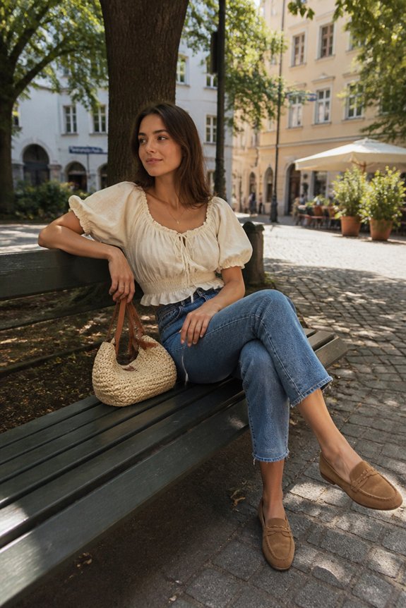 Woman in cream blouse and jeans sits on a park bench in a sunny European square with cobblestones and a straw bag.
