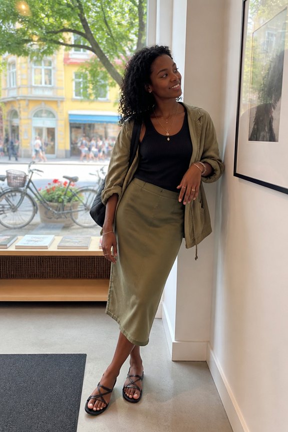 Woman in olive-green jacket and midi skirt with black top, posing indoors near a framed photo.