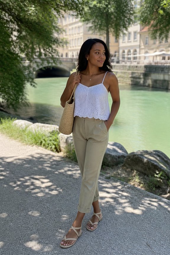 Woman in white eyelet crop top, beige trousers, and sandals beside riverfront with straw tote bag.