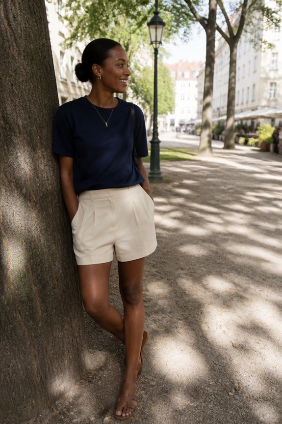 Smiling woman leaning against a tree in a city park, wearing a navy top, beige shorts and sandals on a sunny day.