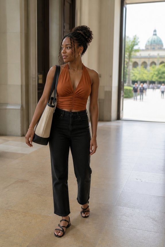 Stylish woman in an orange halter top and black jeans walks through a marble hallway, carrying a beige tote.
