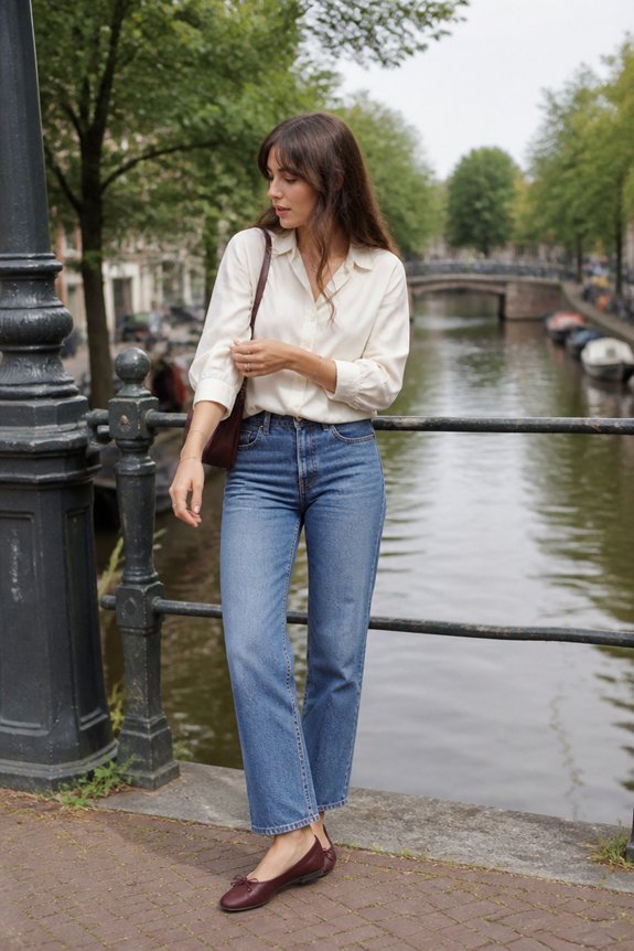 Woman in white blouse and blue jeans stands by a canal railing in a European city with trees and boats.