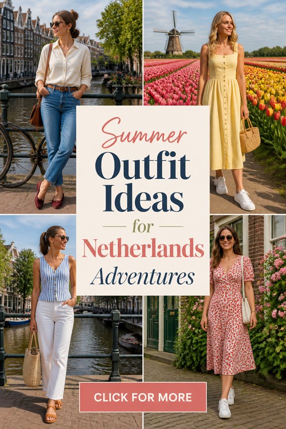 Four women in summer outfits across Dutch scenes; central text Summer Outfit Ideas for Netherlands Adventures.