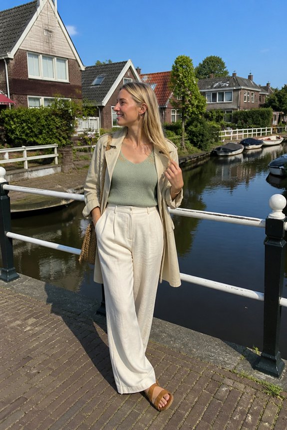 Stylish woman by a Dutch canal with boats, wearing beige trench coat, sage green top, and white wide-leg pants.