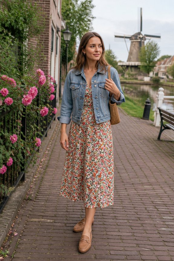 Woman in a floral midi dress and denim jacket strolling along a brick path by a canal with a distant windmill.