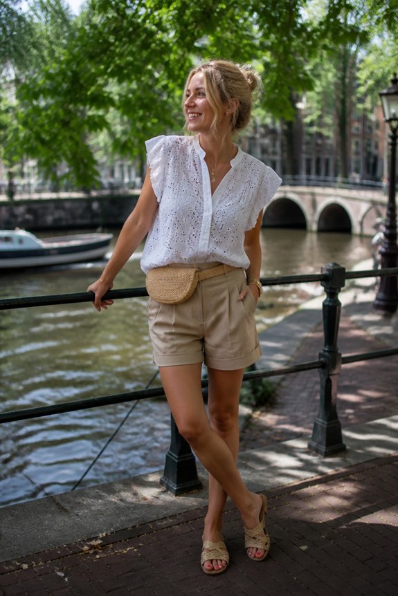 Smiling woman by a canal railing in a white eyelet blouse, beige shorts, and woven belt bag in a sunny city scene.