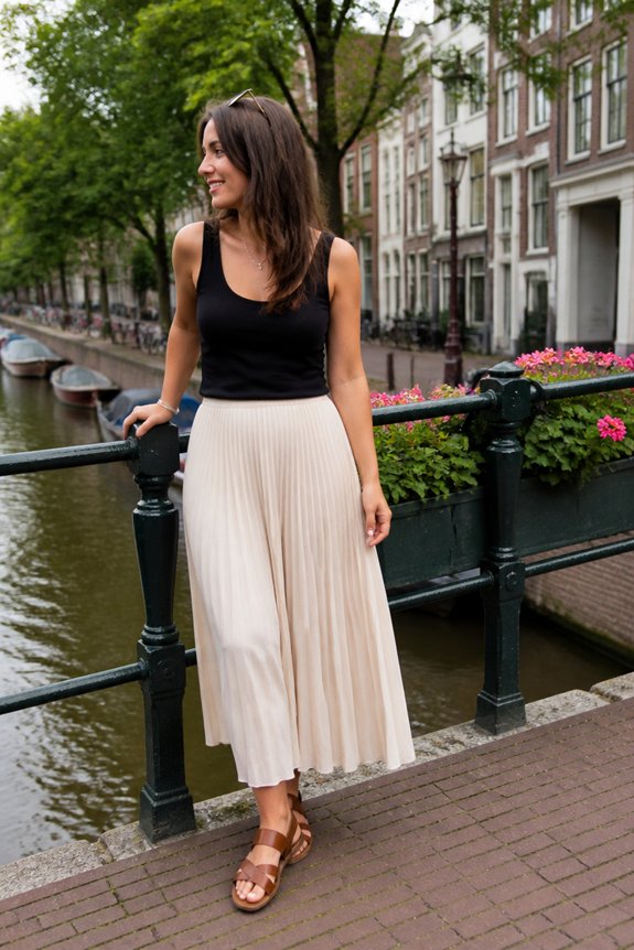 Woman in a black sleeveless top and cream pleated midi skirt leaning on canal railing in a European city.