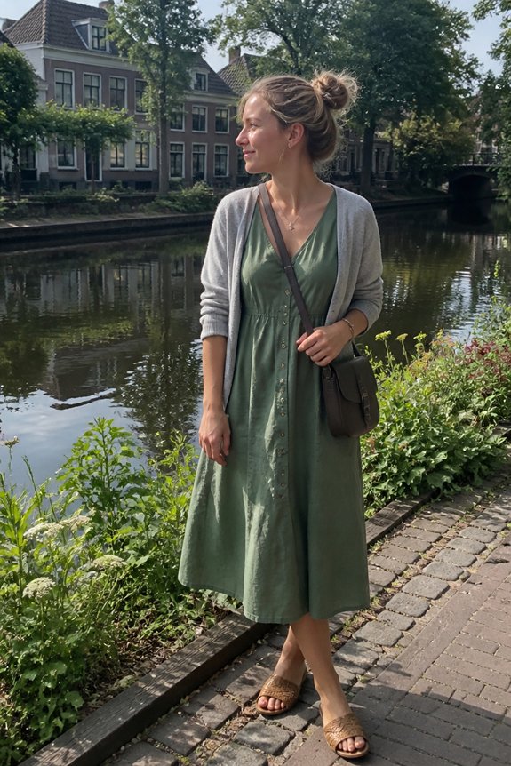 Woman in a green midi dress, beige cardigan, and crossbody bag by a canal with brick townhouses in the background.