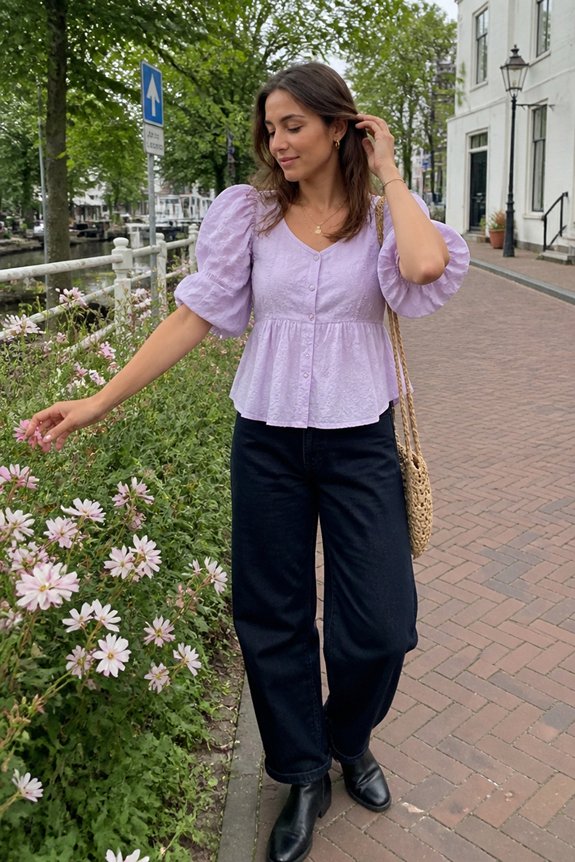 Woman in lavender puff-sleeve blouse and black wide-leg pants walking along a brick sidewalk beside pink flowers, carrying a straw bag.